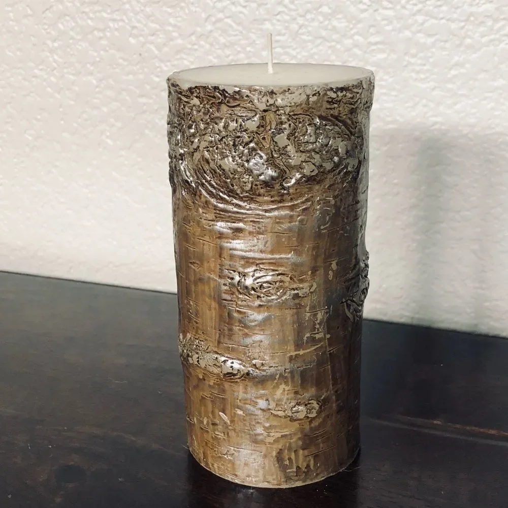 Modern Rustic Wood Bark Metallic Pillar Candle